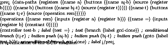 \begin{figure}<pre>
(data-paths
(registers
((name a)
(buttons ((name a<-b) (s...
.../pre>
\vskip -10pt
\figcaption {A specification of the GCD machine.}\end{figure}