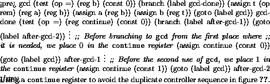 \begin{figure}% latex2html id marker 26098
<pre>
gcd
(test (op =) (reg b) (cons...
...he duplicate controller sequence in figure~\ref{fig:gcd-machine-2}.}\end{figure}