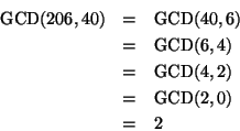 \begin{eqnarray*}{\rm GCD}(206,40) & = & {\rm GCD}(40,6) \\
& = & {\rm GCD}(6,4) \\
& = & {\rm GCD}(4,2) \\
& = & {\rm GCD}(2,0) \\
& = & 2
\end{eqnarray*}