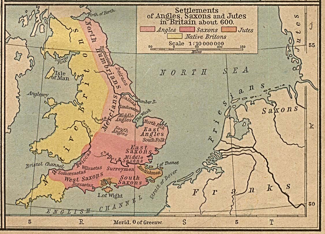 Settlements of Angles, Saxons and Jutes in Britain c. 600 C. E.