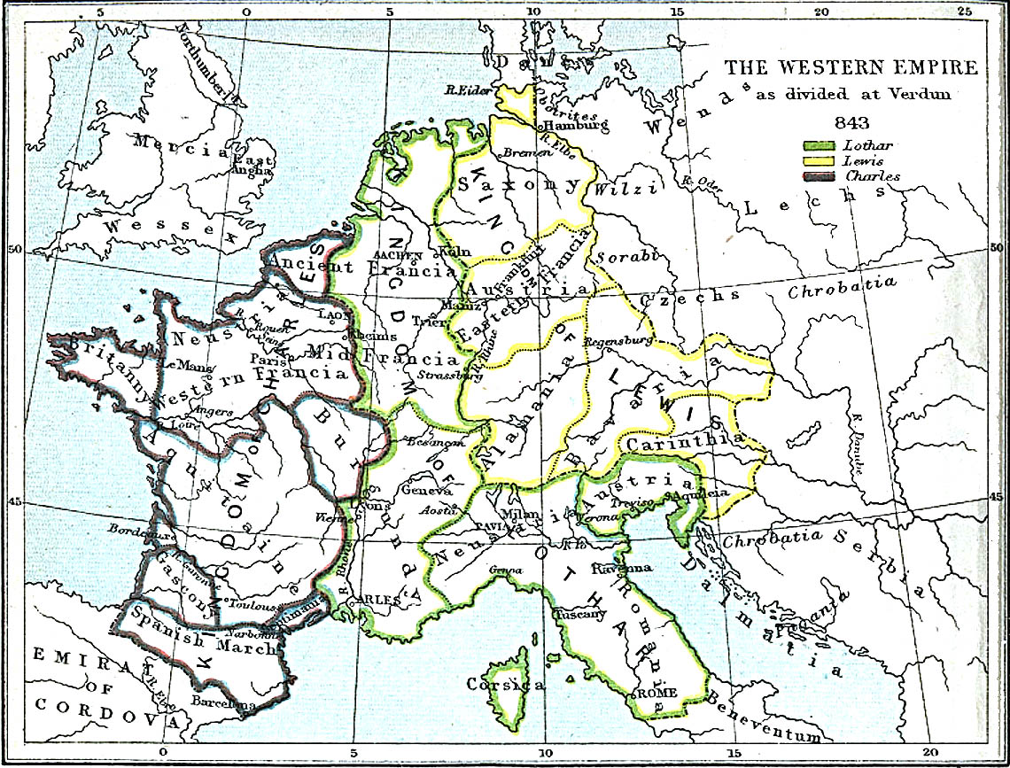 The Western Empire as divided at Verdun, 843
